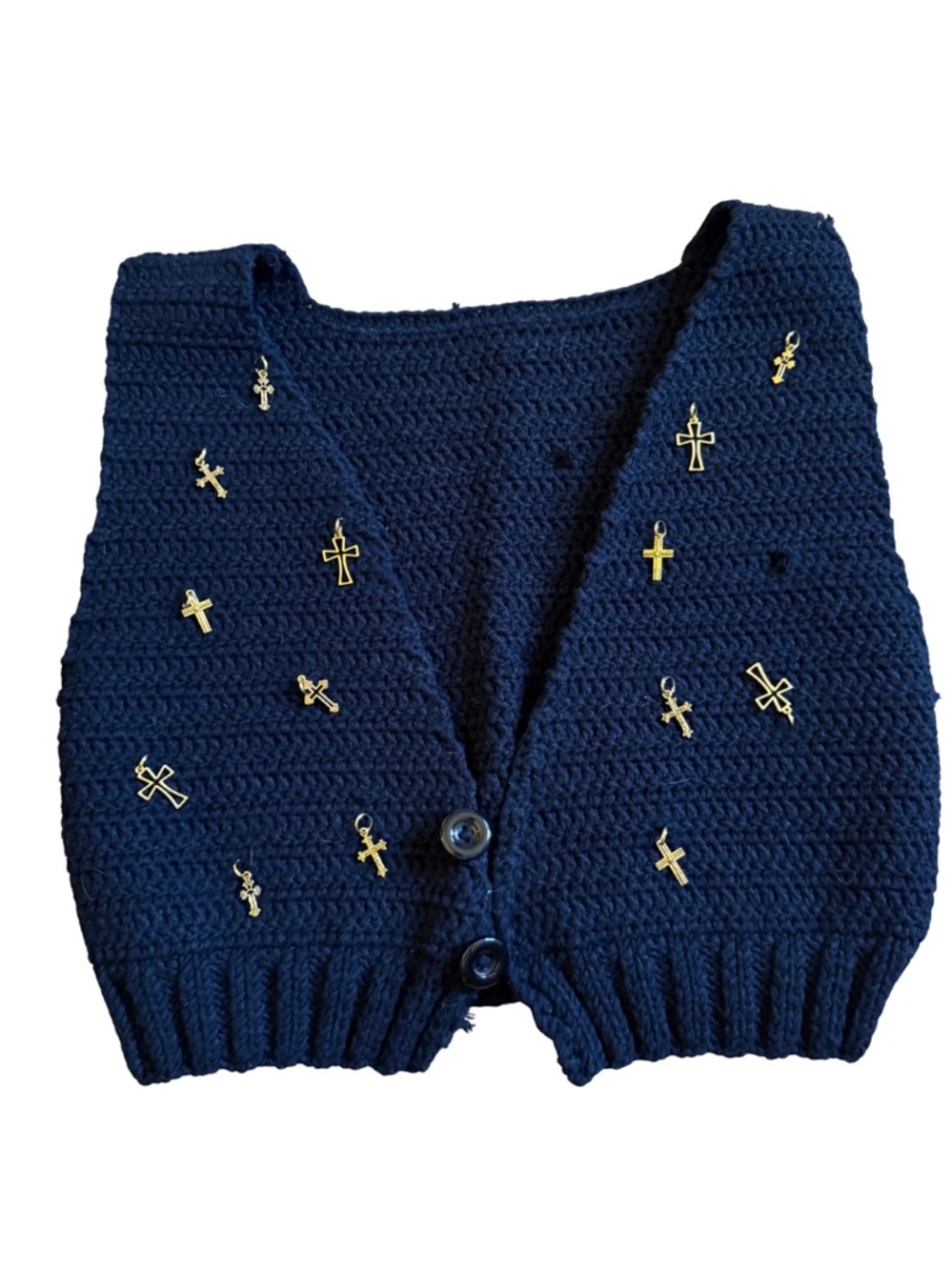 Black Hand Crocheted Vest with Gold Cross Accents